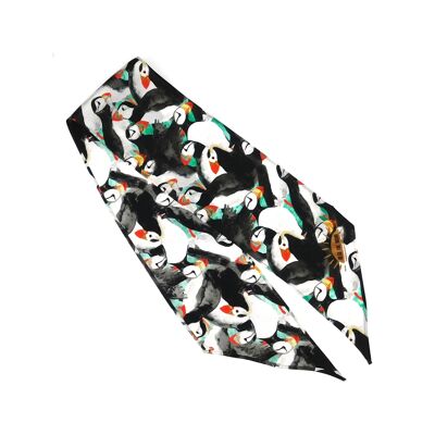 Improbability of Puffins Print Silk Skinny Minnie Hair Scarf