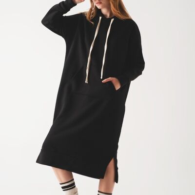 Long sleeved hoodie dress with side slit in black