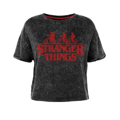 Netflix Stranger Things Bike Cropped SuperHeroes Inc. Camiseta con lavado ácido