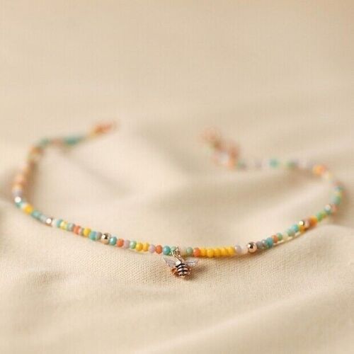 Colourful Beaded Bee Necklace in Rose Gold