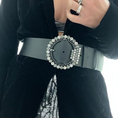 Crystals Buckle Belt, Black Leather Wide Belt Waist Belt, Black Belt, Gift for Her, Made from Real Genuine Leather - Crystal Heaven