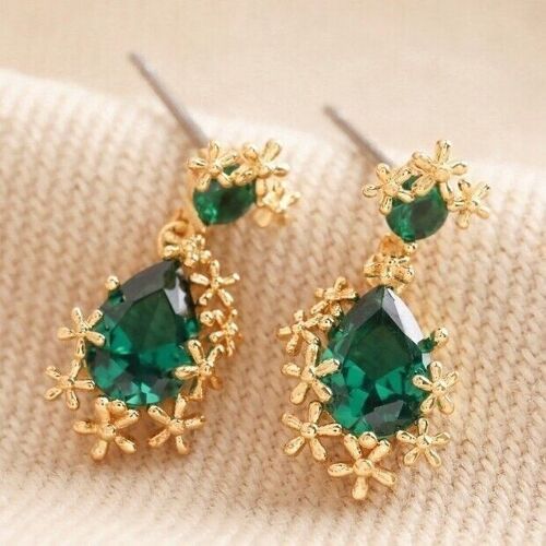 Small Gold Flower and Green Crystal Drop Earrings