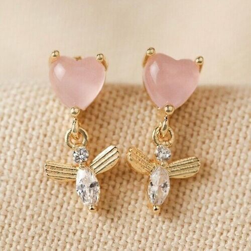 Pink Crystal Heart and Bee Drop Earrings in Gold