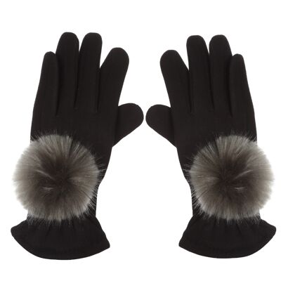 GLOVES WITH FAUX FUR POMPOM - Anthracite Gray Color