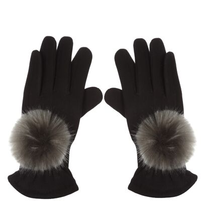 GLOVES WITH FAUX FUR POMPOM - Anthracite Gray Color