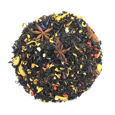 Tè nero Mandala Chai con arancia, fiori d'arancio, pepe rosa, zenzero, cannella, anice stellato, cardamomo e fiordaliso blu