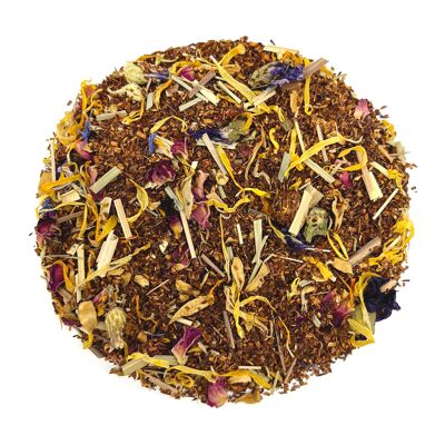 Rooibos Kombucha, Erdbeeren und Blumen mit Ringelblume, Orangenblüte, Rose, Kornblume und Zitronengras