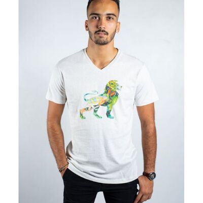 Tee shirt coton bio homme col en v blanc logo ky-kas lion