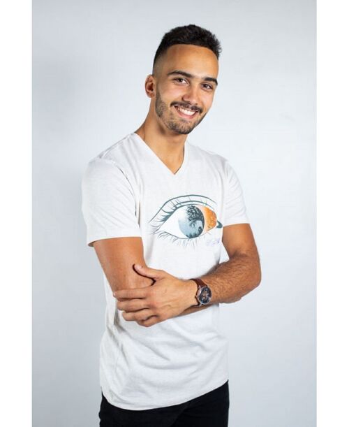Tee shirt coton bio homme col en v blanc logo ky-kas oeil classic