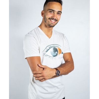 Tee shirt coton bio homme col en v blanc logo ky-kas oeil classic