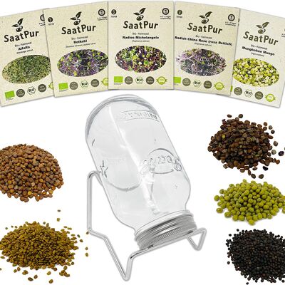 Organic sprouts gift set No.6 with sprouts jar 1L and 5 seed bags Sprouting seeds, high germination power, micro-greens for vitamin-rich nutrition, sustainable grass paper packaging, vegan
