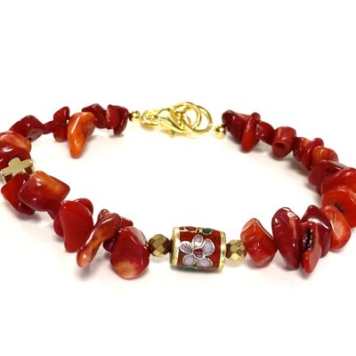 Bracelet pierre précieuse Corail rouge et perle fleur