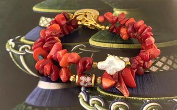 Bracelet pierre précieuse Corail rouge et perle fleur 2