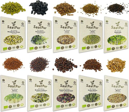 Bio Keimsprossen Set (10 Sorten) Alfalfa, Weizen, Sonnenblumen, Daikon Rettich, Rauke, Radies, Mungo, Linsen, Kresse, Brokkoli