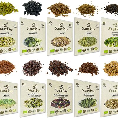 Bio Keimsprossen Set (10 Sorten) Alfalfa, Weizen, Sonnenblumen, Daikon Rettich, Rauke, Radies, Mungo, Linsen, Kresse, Brokkoli