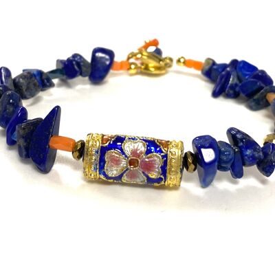 Bracelet pierre précieuse Lapis Lazuli et perle fleur