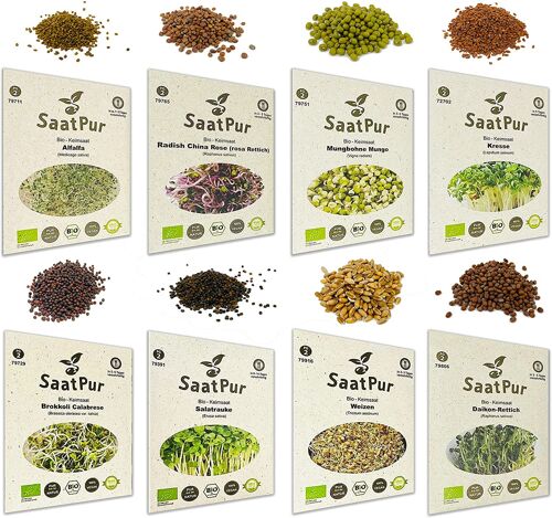 Bio-Keimsaat Sortiment (8 Sorten) Alfalfa, Brokkoli, Daikon Rettich, Kresse, Mungo Mungbohne, Radies, Rauke, Weizen