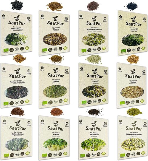 Bio Sprossen Samen Set (12 Sorten) Weizen, Sonnenblumen, Zwiebeln, Linsen, Kresse, Alfalfa, Brokkoli, Rauke, Daikon Rettich, Mung Bohnen, Radies Red Rubin, Erbsen.