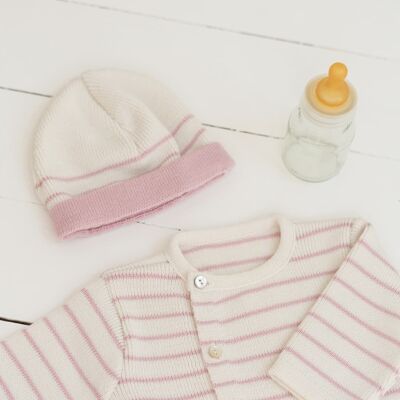 Berretto in misto lana con risvolto - Ecrù/rosa lilla - Collezione “Petits Marins”.