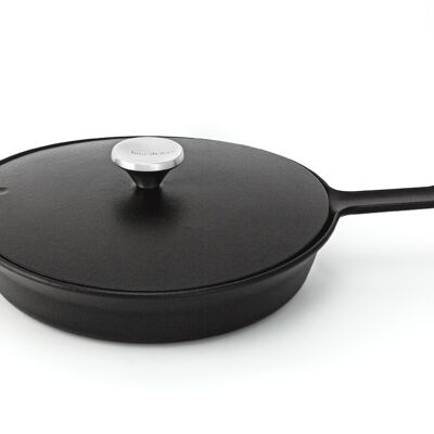 Pearl Cast Iron Enamelled Frying Pan with Lid, Satin Black, 26cm.
