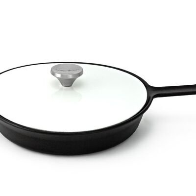 Pearl Cast Iron Enamelled Frying Pan with Lid, White, 26cm.