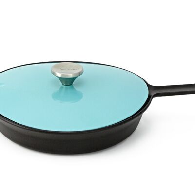 Pearl Cast Iron Enameled Frying Pan with Lid, Turquoise, 26cm.