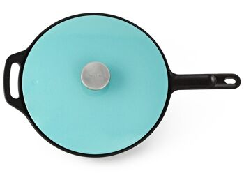 Poêle à Frire en Fonte Émaillée Perle avec Couvercle, Turquoise, 26cm. 2