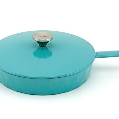 Diamond Cast Iron Enameled Frying Pan with Lid, Turquoise, 26 cm.