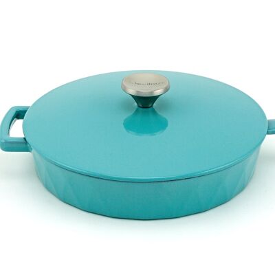 Diamond Cast Iron Enameled Frying Pan with Lid, Turquoise, 26 cm.
