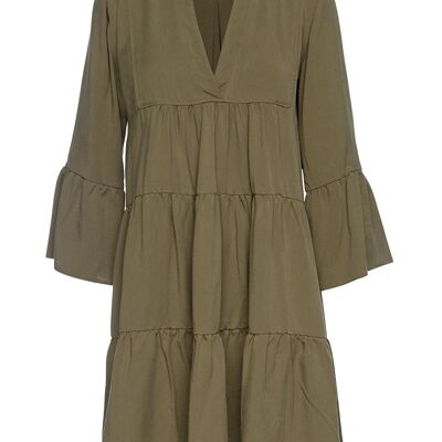 Vestido Khaki Tencel Fruncido Costuras