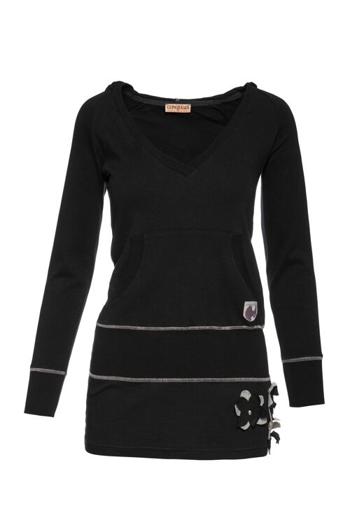 Hooded Black Tunic with Appliqué Detail