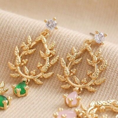 Stone and Crystal Fern Drop Earrings in Gold