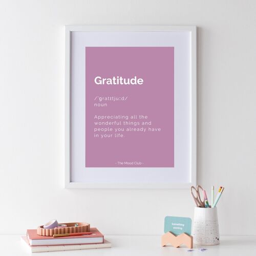 Positive gratitude definition poster lilac A3 empowering wall art print