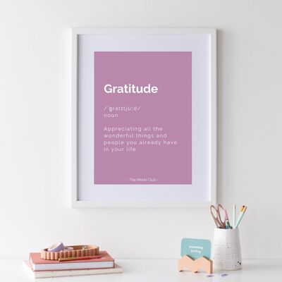 Affiche de définition de gratitude positive lilas A3, impression d'art mural stimulante