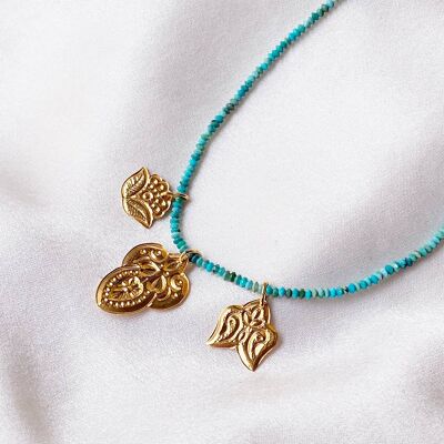 POUCHRY TURQUOISE NECKLACE, gold-plated medals (CETH5)