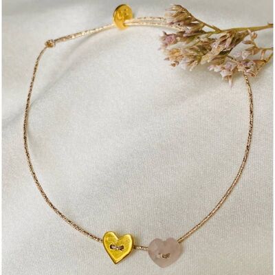 PULSERA LITTLE HEART DUO, chapada en oro y cuarzo rosa (BLIT4DUO)