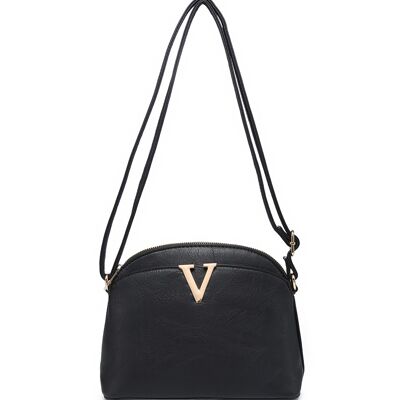 Neue Damen Umhängetasche Metall Logo Handtasche Hauptreißverschluss Umhängetasche veganes PU-Leder -A36904 schwarz