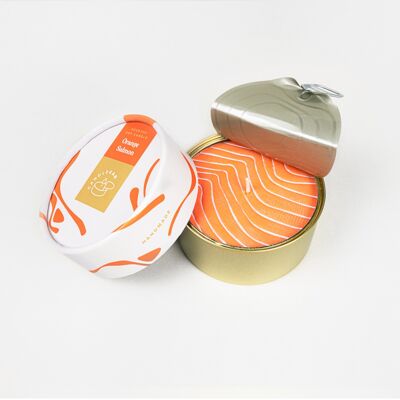 Candela profumata all'arancia - Forma salmone - 320g. | Sigillato in una lattina | Due stoppini | Cera vegetale al 100% | Fatto a mano | Grande candela novità