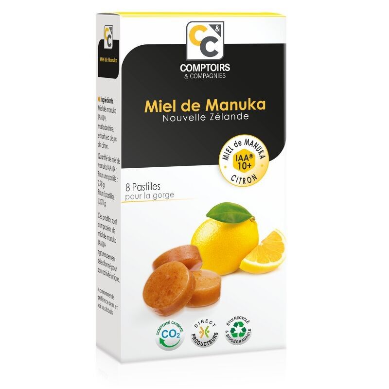 COMPTOIRS ET COMPAGNIES - IAA10+ Manuka Honey and Lemon Lozenges - Ideal for the Throat - Food Supplement - Box of 8 Lozenges
