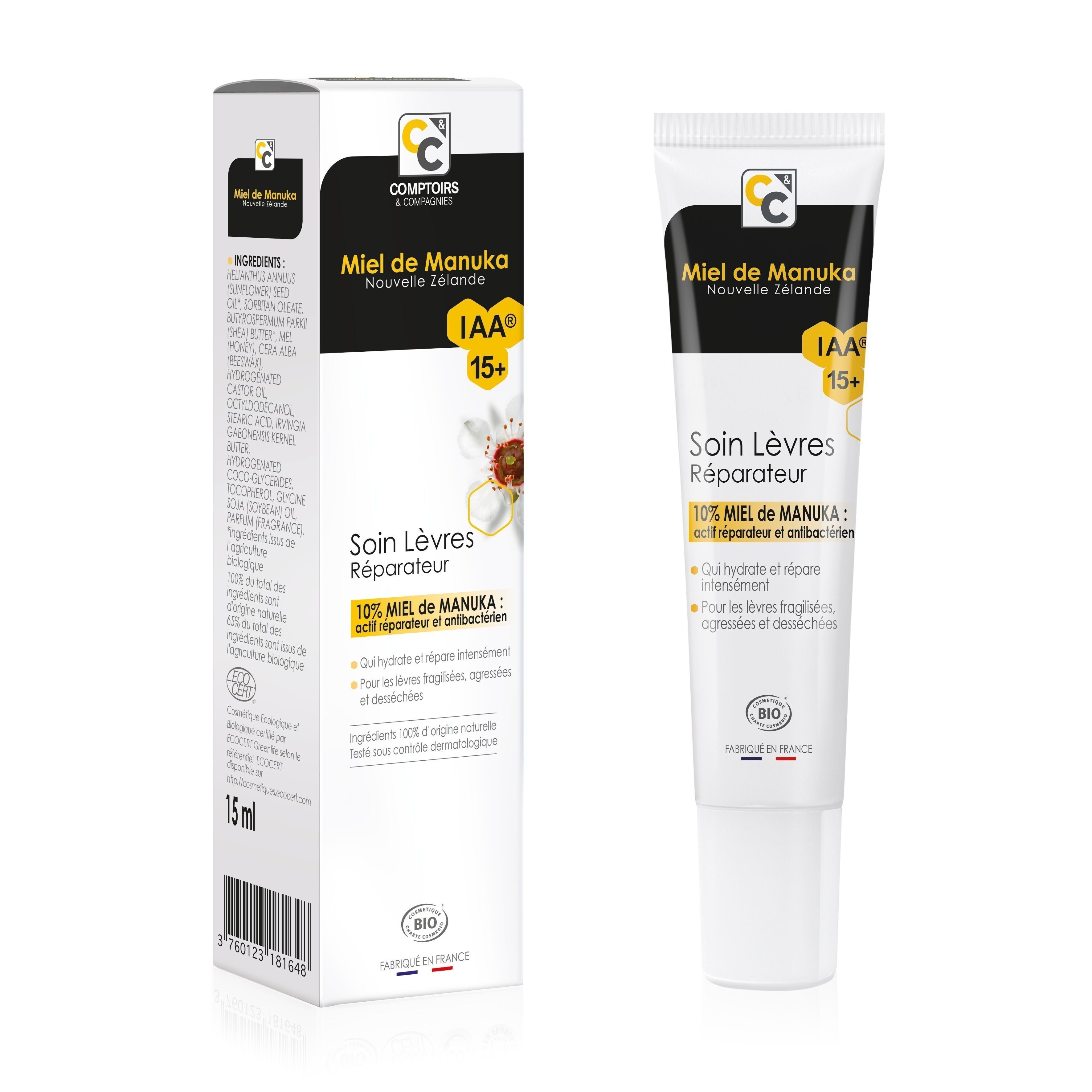 COMPTOIRS ET COMPAGNIES - Cuidado labial Extreme Repair con miel de Manuka IAA15+ - Favorece la reparación labial - Certificado orgánico - 15 ml