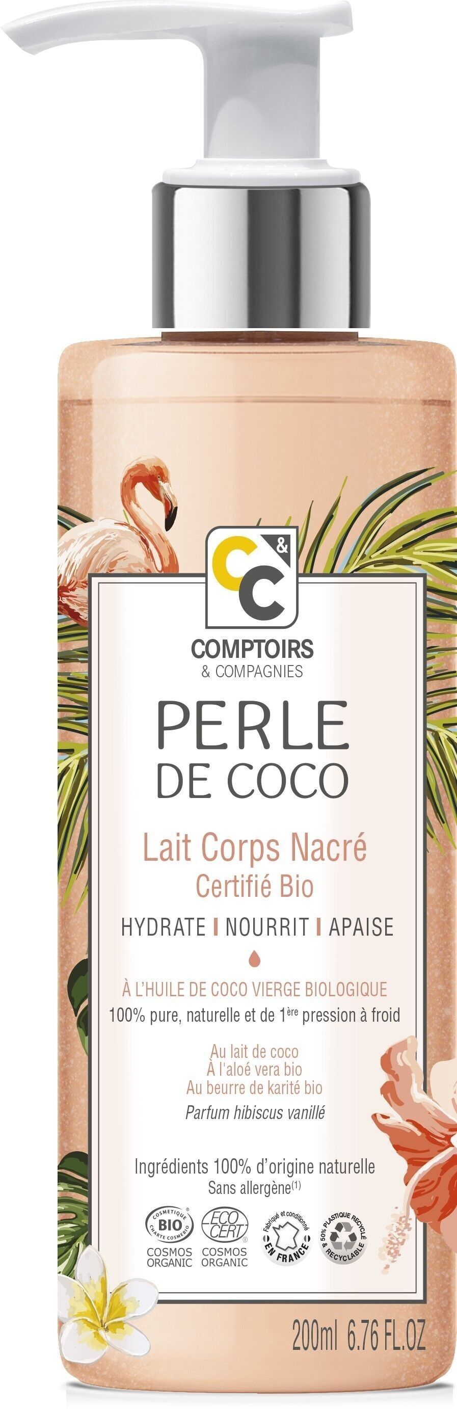 COMPTOIRS ET COMPAGNIES – Perlmuttartige Körperlotion – Spendet Feuchtigkeit, pflegt und beruhigt die Haut – Kokosnussperle – Cosmos Organic-zertifiziert – 200 ml