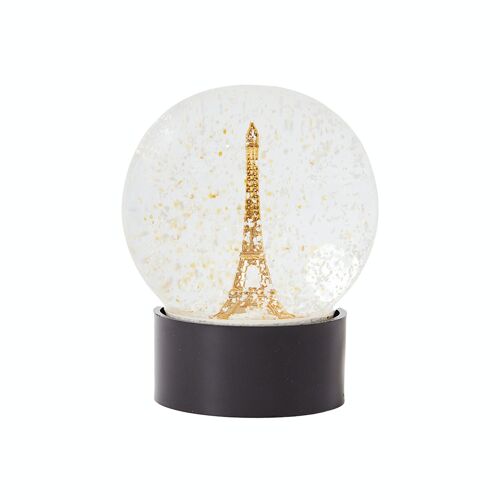 Boule à neige en verre tour Eiffel, neige et paillettes dorées