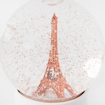Boule à neige en verre tour Eiffel, neige et paillettes cuivrées 1