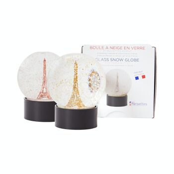 Boule à neige en verre tour Eiffel, neige et paillettes cuivrées 2