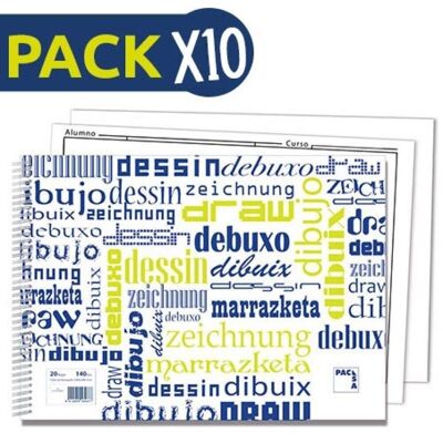 Pack 10 Bloc dibujo Folio Prolongado Tapa Plástico Liso 140 gr