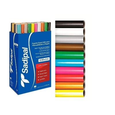 Expositor 50 rollos 0,50x2 mts papel charol 10 colores