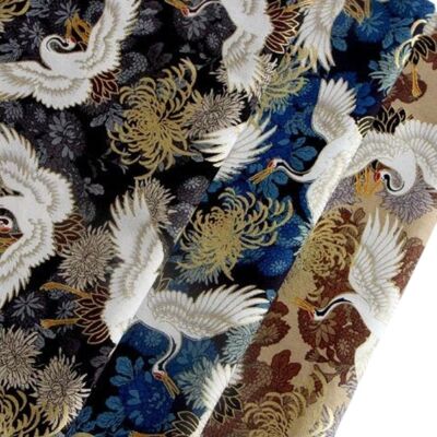 PO269 Grullas y crisantemos japoneses Metálico 100 % algodón, 58"/147 cm de ancho. Perno de 10 m