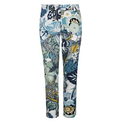 Pantalon en coton à fleurs dans les tons bleus et verts