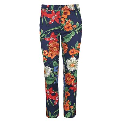 Pantalón de algodón floral en tonos rojos, azules y verdes