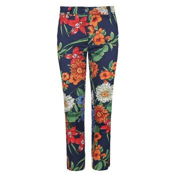 Pantalon en coton à fleurs dans les tons rouges, bleus et verts 1